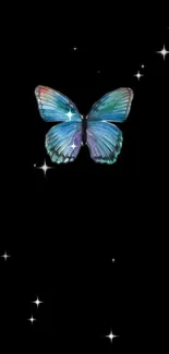 Glowing blue butterfly on a black background with sparkling stars.