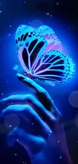 Vibrant neon blue butterfly resting on a hand with starry background.