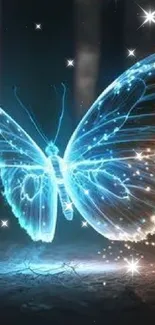 A luminescent blue butterfly in a mystical forest setting, glowing softly.