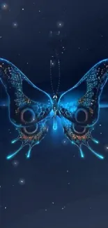 A glowing butterfly with neon blue accents on a dark background.