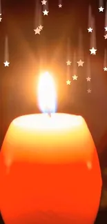 Bright candle with glowing light and stars on a dark background.