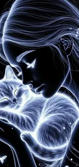 Digital art of a glowing girl embracing a radiant cat in darkness.