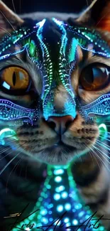 A cat with intricate neon patterns glowing in the dark.