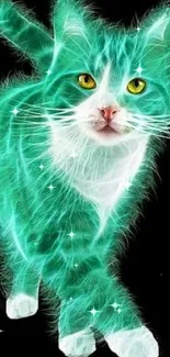 Vibrant neon green cat on black background wallpaper.