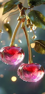 Fantasy wallpaper of glowing cherries with sparkling details.