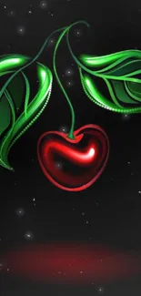 Glowing cherry with green leaves on a starry black background.