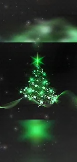 Green glowing Christmas tree with stars on dark wallpaper.