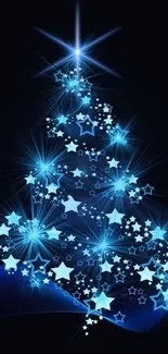 A festive mobile wallpaper of a glowing blue star Christmas tree on dark background.