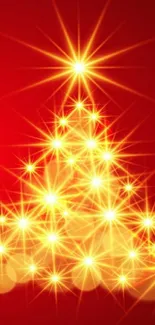 Mobile wallpaper of glowing Christmas tree on red background.