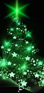 Glowing green Christmas tree with star lights.