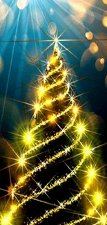 Glowing Christmas tree with golden lights.