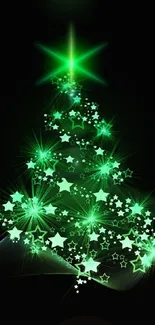 Glowing green Christmas tree with star lights on a dark background.