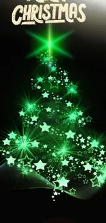 Glowing green Christmas tree wallpaper with stars and Merry Christmas text.