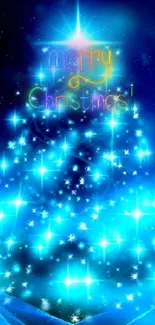 Bright blue Christmas tree with glowing stars wallpaper.