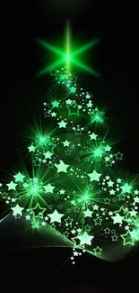 A glowing Christmas tree with green stars.