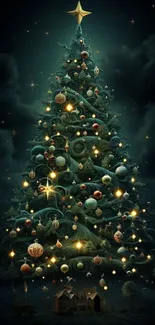 Magical glowing Christmas tree with ornaments in dark night sky.