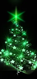 Glowing green Christmas tree on dark background.