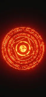 Glowing red-orange digital circle with mystical symbols on a dark background.