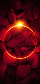 A vibrant glowing circle on deep red petals background.