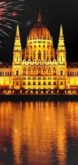 Night cityscape with fireworks reflecting off the river, creating a golden glow.