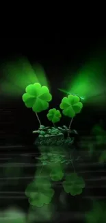 Glowing clover reflection in water with a green hue.