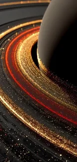 Glowing rings surrounding a dark planet in space.