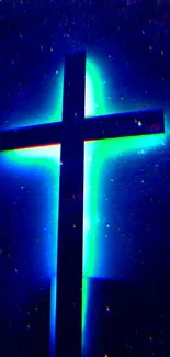 Glowing cross silhouette against a vibrant starry blue background.