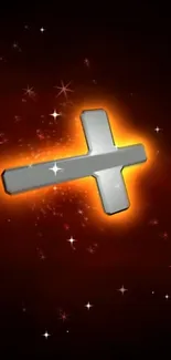 Glowing cross with starry orange background.