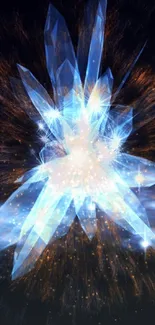 Abstract wallpaper of glowing crystal explosion with blue highlights.