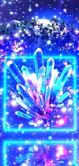 Neon crystal fantasy wallpaper with glowing cosmic design.