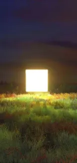 Glowing cube in a field at dusk creating a serene and peaceful ambiance.