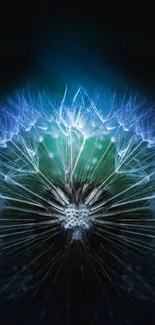 A close-up of a glowing blue dandelion in the dark, creating a mystical effect.