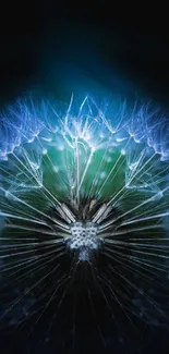 Glowing dandelion against a dark background, vibrant digital art.