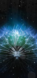 Luminescent fractal dandelion on dark blue background.