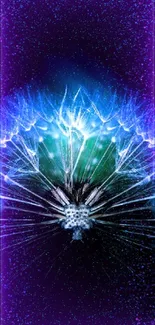 Glowing neon blue dandelion against dark background wallpaper.