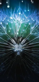 Mobile wallpaper featuring a glowing blue dandelion on a dark background.