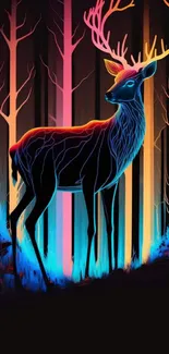 Neon deer with glowing antlers in vibrant forest.