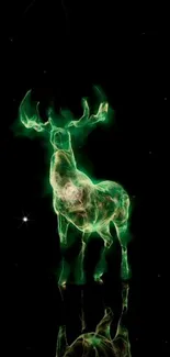 Glowing green deer with antlers on a starry night backdrop.