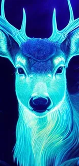 A neon depiction of a glowing deer in electric blue hues.