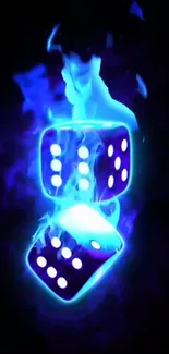 Glowing blue dice surrounded by blue flames on a black background.