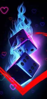 Blue dice with flames inside a red heart on a dark background.