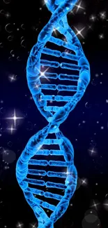 Glowing blue DNA helix on a dark starry background.