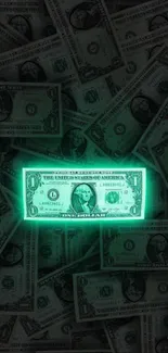 Glowing dollar bill on dark background wallpaper.