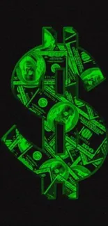 Green glowing dollar sign with money details on dark background.