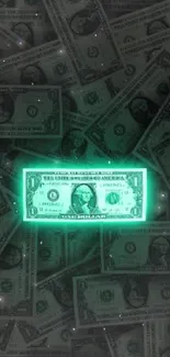 Glowing dollar bill on dark background wallpaper.