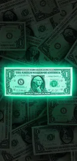 A glowing dollar bill amidst a stack.