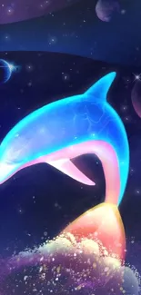 A luminous dolphin swimming through a starry cosmic space with vibrant colors.