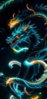 Glowing teal dragon in fantasy artwork on a dark background.