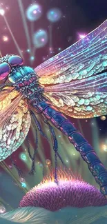 Fantasy wallpaper of a glowing dragonfly on a vibrant, mystical background.