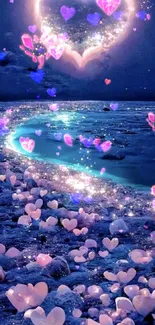 Glowing heart on a dreamy violet beach with sparkling stars.